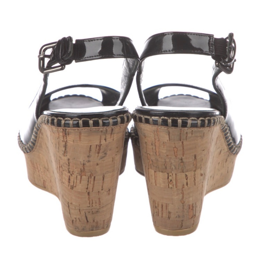 Stuart Weitzman Black Patent Peep-Toe Cork Wedge Slingbacks - Picture 4 of 5